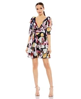 Mac Duggal Women's Floral Print Ruffled Sleeveless Soft Tie Dress