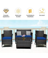 Sugift 4 Pieces Rattan Sofa Set with Glass Table and Comfortable Wicker for Outdoor Patio-Navy