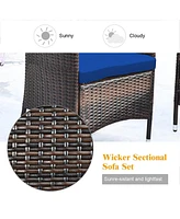 Sugift 4 Pieces Rattan Sofa Set with Glass Table and Comfortable Wicker for Outdoor Patio-Navy