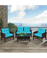 Sugift 4 Pieces Outdoor Rattan Wicker Loveseat Furniture Set with Cushions-Turquoise