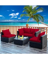 Sugift 5 Pieces Cushioned Patio Rattan Furniture Set with Glass Table-Red
