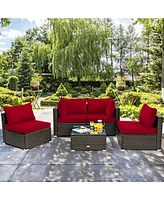 Sugift 5 Pieces Cushioned Patio Rattan Furniture Set with Glass Table-Red