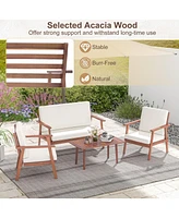 Sugift 4 Piece Outdoor Acacia Wood Conversation Set with Soft Seat and Back Cushions-White