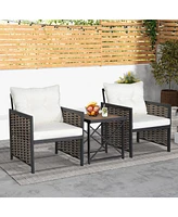 Sugift 3 Pieces Patio Rattan Furniture Set with Acacia Wood Tabletop-White