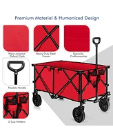 Sugift Outdoor Folding Wagon Cart with Adjustable Handle and Universal Wheels-Red