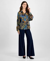 T Tahari Women's Printed Satin Button Pleated-Sleeve Blouse