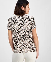 Ak Anne Klein Petite Gathered-Tulip Short-Sleeve Printed Top