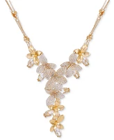 Guess Gold-Tone Pave & Marquise Stone Flower Statement Lariat Necklace, 18" + 2" extender