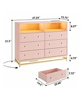 gaomon 6 Drawer Double Dresser Tv Stand, Bedroom Dresser With Power Outlet & Led Light, Wood Dresser For Room, Hallway, 47.2''W15.8''D36.2''H (