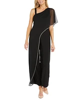 R & M Richards Women's Asymmetric Rhinestone-Trim Draped Jumpsuit