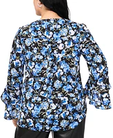 Vince Camuto Plus Floral-Print V-Neck Flutter-Sleeve Top