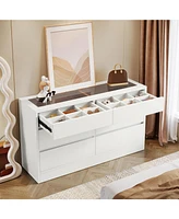 Tribesigns 6 Drawer Dresser with Jewelry Display Storage, Modern White 55" Chest of Dresser with Glass Top, Wood Double Dresser Storage Organizer for