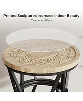 Tribesigns Side Table Set of 2, Round Carved End Table for Living Room, Bedroom, Small Side Table with Metal Frame, Accent Coffee Table, Nightstand wi