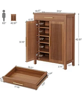 Tribesigns Shoe Cabinet, 5-Tier Storage Cabinet with Louvered Doors and Drawer, Freestanding Wooden Rack Organizer Adjustable Shelves f