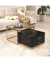 Slickblue Modern 2-Piece Square Nesting Coffee Table Set with Drawers and Electroplated Gold Legs - 27.6”