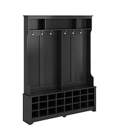 60" Wide Modern Hallway Coat Rack with Bench – Metal Hooks, Ample Storage, and 24 Shoe Cubbies, Black