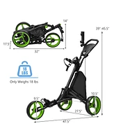 Hongge Folding 3 Wheels Golf Push Cart with Bag Scoreboard Adjustable Handle-Green