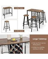 Sugift 5 Pieces Bar Table and Stools Set with Wine Rack and Glass Holder