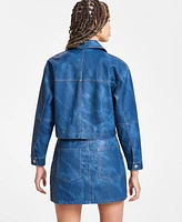 Bar Iii Women's Denim-Finish Faux-Leather Trucker Jacket, Exclusively at Macy's