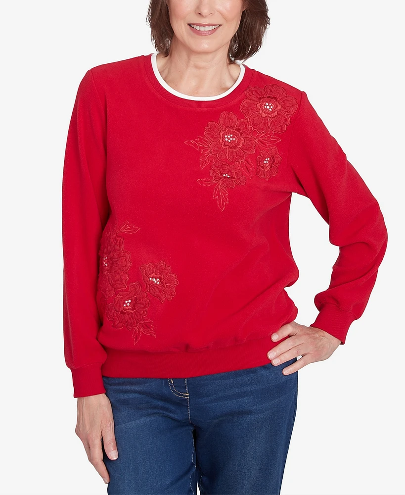 Alfred Dunner Women's Classic Sherpa Floral Embroidered Sweater