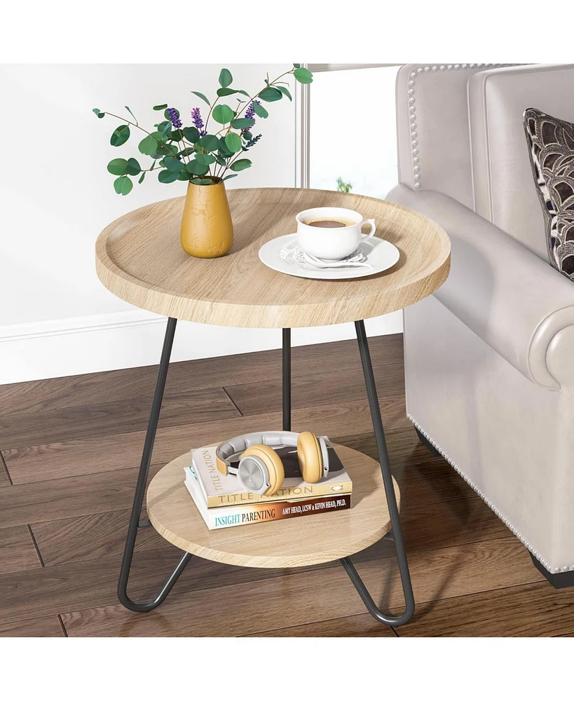 Tribesigns Round Side Table, 2-Tier End Table with Metal Legs, Modern Industrial Beside Table, Small Accent Table Snack Table for Living Room, Bedroom