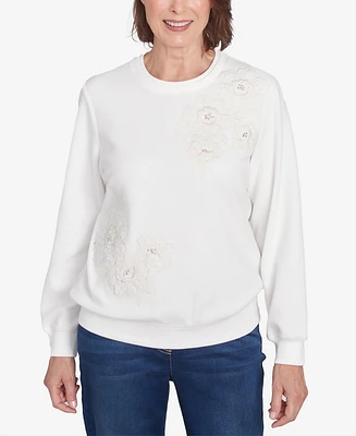 Alfred Dunner Women's Classic Sherpa Floral Embroidered Sweater