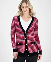 T Tahari Women's Check Contrast-Trim V-Neck Cardigan