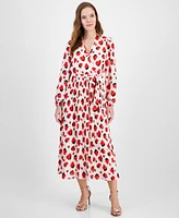 T Tahari Women's Printed Faux-Wrap Long-Sleeve Midi Dress