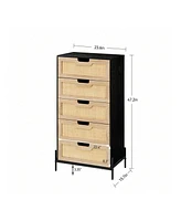 gaomon Modern Rattan 5 Drawers Dresser, Double Dresser For Bedroom, Chest Of Drawers Closet Organizers And Storage Clothes For Bedroom Living Room Hal