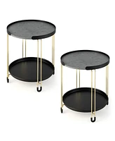 Gymax 2PCS 2-Tier Side End Table Round Nightstand Gold Frame for Living Room