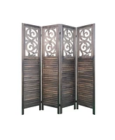 Streamdale Furniture 4-Panel Folding Room Divider, Carved Wood, Rustic Brown