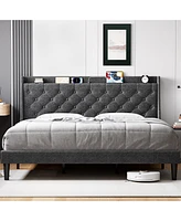 gaomon King Size Bed Frame with Upholstered Wingback Headboard, Luxurious Linen Upholstery Platform Bed with Charging Station