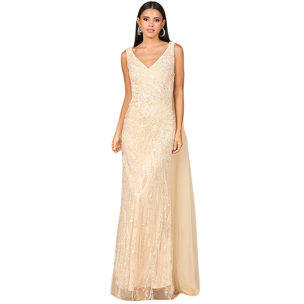 Lara Women's V - Neck Gown with Long Cape Sleeves