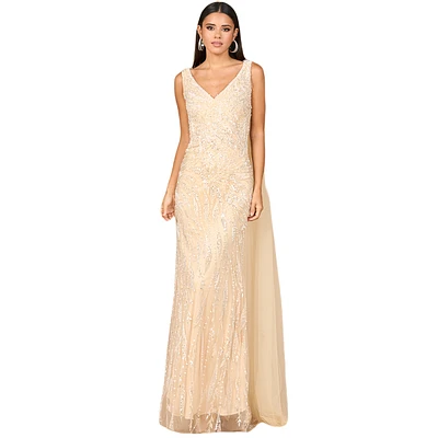 Lara Women's V - Neck Gown with Long Cape Sleeves