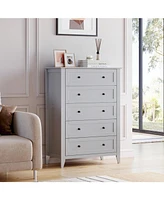 Modern 5 Chest Of Drawer Dresser, Modern Tall Nightstand With Deep Drawers And Nickel Round Handle, Wood Organizer Storage Cabinet For Bedroom, Living