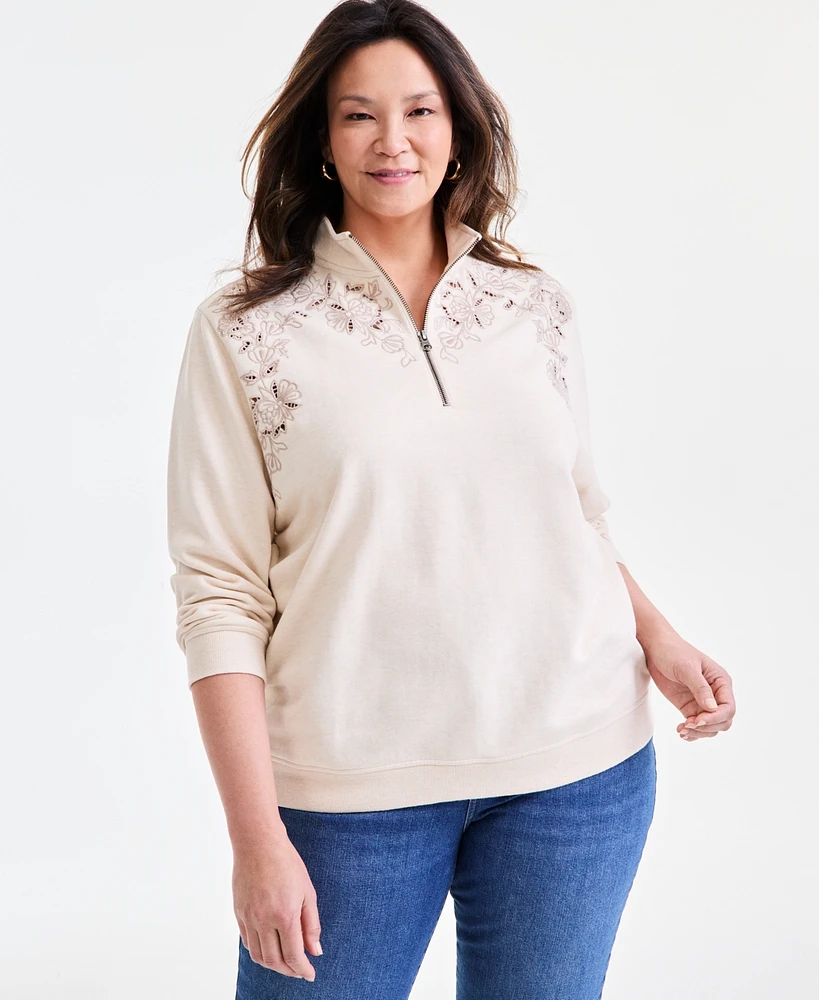 Style & Co Plus Embroidered Half-Zip Sweatshirt, Exclusively at Macy's