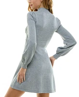 Crystal Doll Juniors' Pearl Turtleneck Blouson-Sleeve Sweater Dress