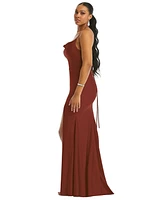 Cowl-Neck Open Tie-Back Stretch Satin Mermaid Dress with Slight Train