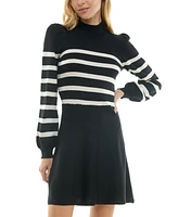 Crystal Doll Juniors' Striped Mockneck Blouson-Sleeve Sweater Dress