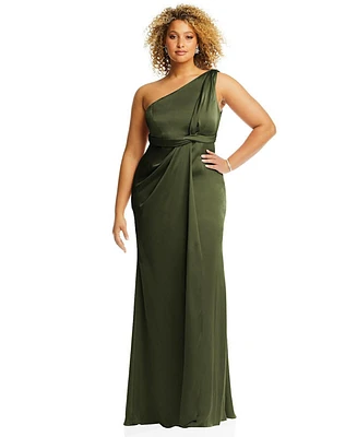 Dessy Collection Plus One-Shoulder Draped Twist Empire Waist Trumpet Gown