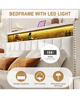 gaomon King Velvet Upholstered Bed Frame with Storage Headboard and Built-in Charging Station, Smart Led Lights