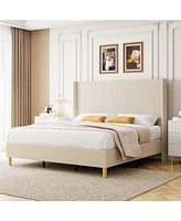 gaomon Queen Bed Frame, Upholstered Platform Corduroy Frame with Vertical Channel Tufted Wingback Headboard