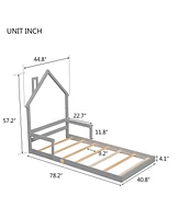 Slickblue Twin House-Shaped Floor Bed with Headboard and Handrails - Stylish and Safe Sleeping Solution for Kids, Includes Slats