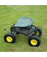 Slickblue Garden Cart Wagon Scooter Rolling Yard Work Seat with Tool Tray and 360 Swivel Seat