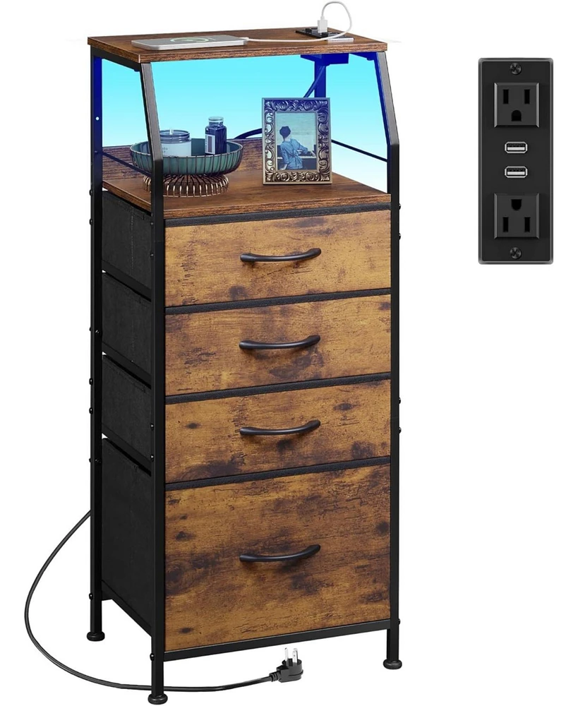 Wlive 4 Drawer Dresser for Bedroom Nightstand with Charging Station and Led Light Tall Night Stand Bed Side Table End Usb Ports Outlets