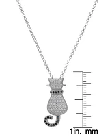 Black Spinel (1/8 ct. t.w.) & Lab Grown White Sapphire (5/8 ct. t.w.) Cat 18" Pendant Necklace in Sterling Silver