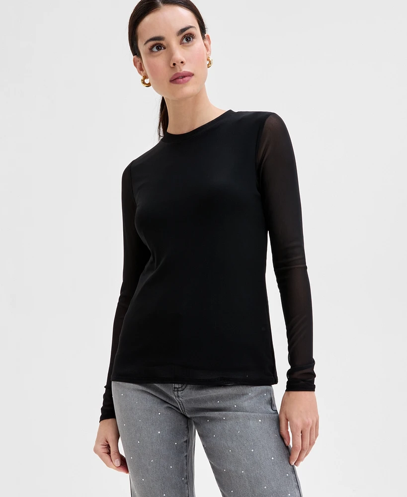 I.n.c. International Concepts Women's Long-Mesh-Sleeve Crewneck Top, Exclusively at Macy's