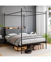 gaomon Bed Frame, Metal Canopy Platform Bed Frame with with Linen Storage Headboard Usb Ports & Outlet