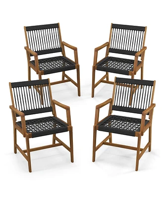 Gymax Patio 4PCS Acacia Wood Dining Chairs All-Weather Rope Woven Armchairs Outdoor