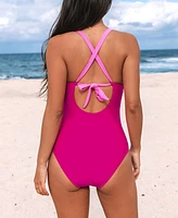 Cupshe Women's V Neck Ruched Crisscross Back Self Tie One Piece Swimsuit